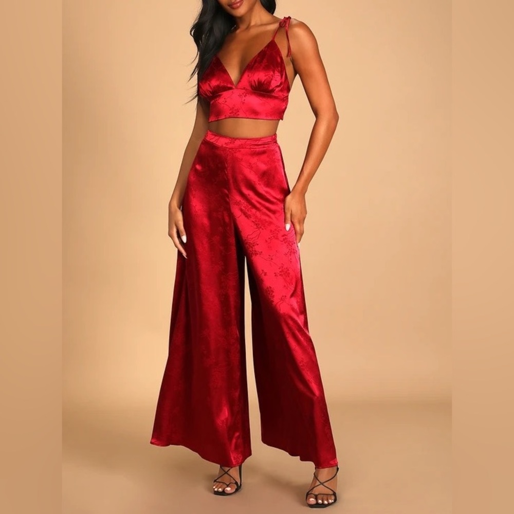 Lulus Berry Red Satin Floral Jacquard Two-Piece Jumpsuit